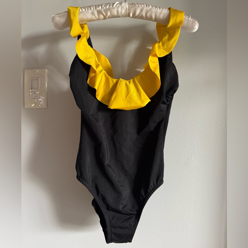 Vintage Sirena Retro Ruffle Top Shiny Black & Yellow One Piece Swimsuit Bodysuit